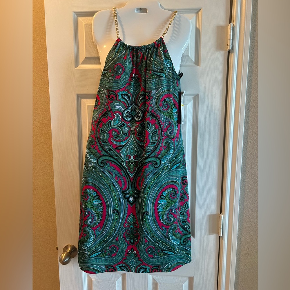 Nina Leonard chain neckline paisley dress